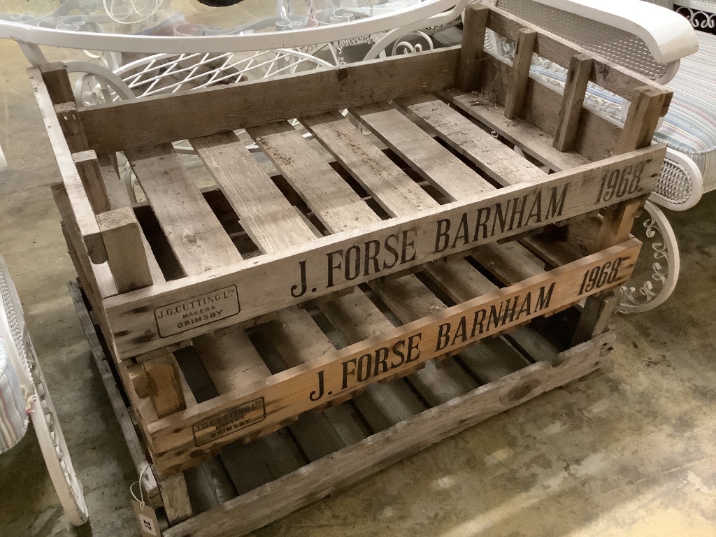 Three vintage apple boxes, width 76cm